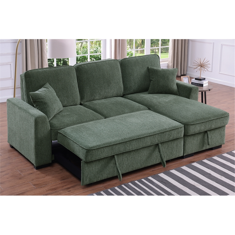 Pemberly Row Chenille L-Shaped Pull Out Sleeper Sofa Bed in Green