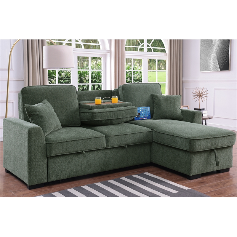 Pemberly Row Chenille L-Shaped Pull Out Sleeper Sofa Bed in Green