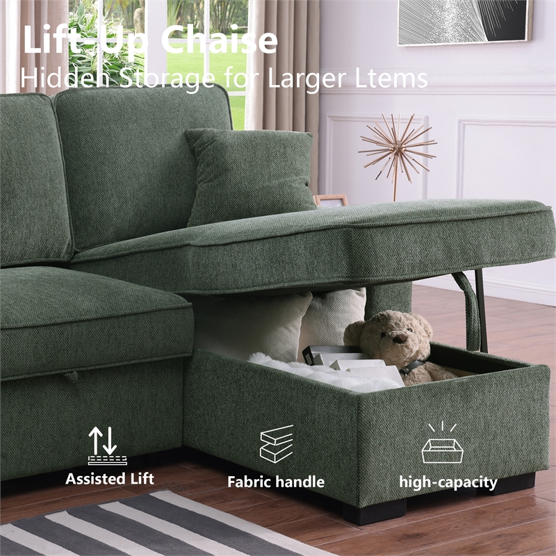 Pemberly Row Chenille L-Shaped Pull Out Sleeper Sofa Bed in Green