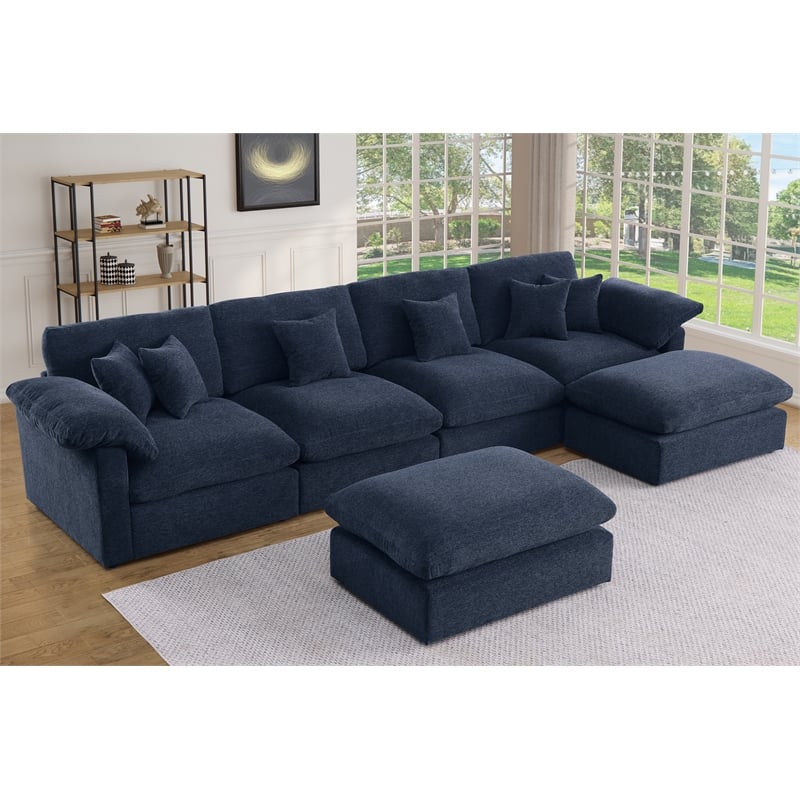 Pemberly Row U-Shaped Chenille Cloud Sectional Sofa with Ottoman in Blue