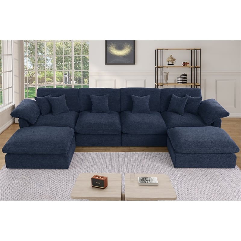 Pemberly Row U-Shaped Chenille Cloud Sectional Sofa with Ottoman in Blue