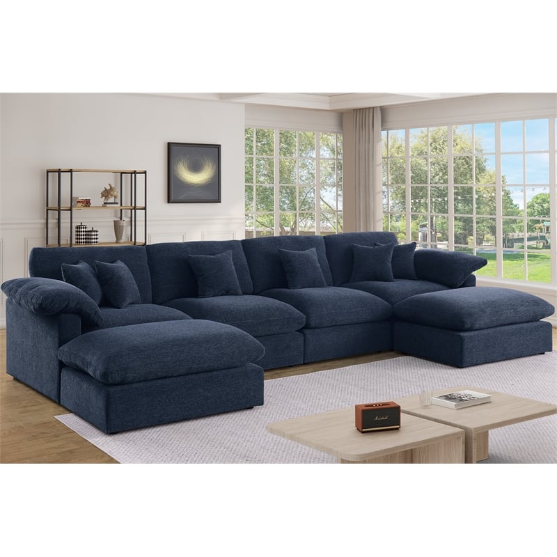 Pemberly Row U-Shaped Chenille Cloud Sectional Sofa with Ottoman in Blue
