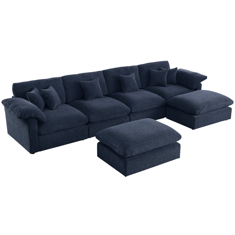 Pemberly Row U-Shaped Chenille Cloud Sectional Sofa with Ottoman in Blue