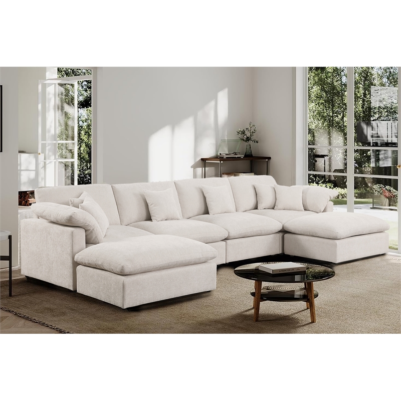 Pemberly Row U-Shaped Chenille Cloud Sectional Sofa with Ottoman in Beige