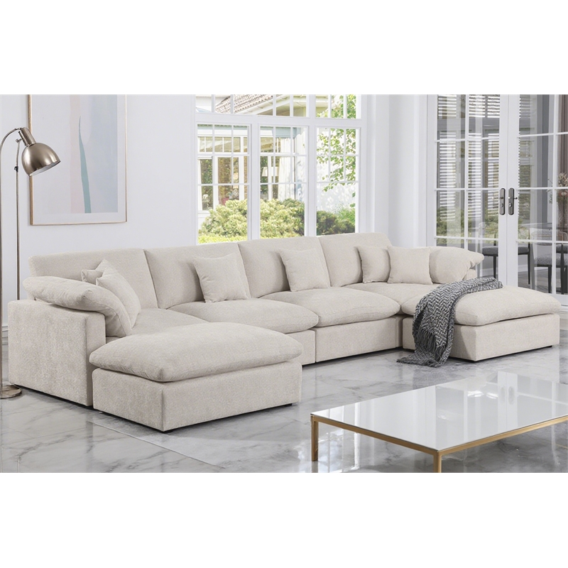 Pemberly Row U-Shaped Chenille Cloud Sectional Sofa with Ottoman in Beige