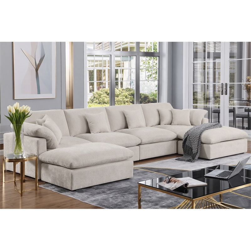 Pemberly Row U-Shaped Chenille Cloud Sectional Sofa with Ottoman in Beige