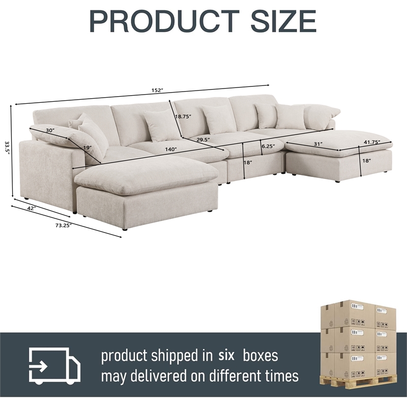 Pemberly Row U-Shaped Chenille Cloud Sectional Sofa with Ottoman in Beige