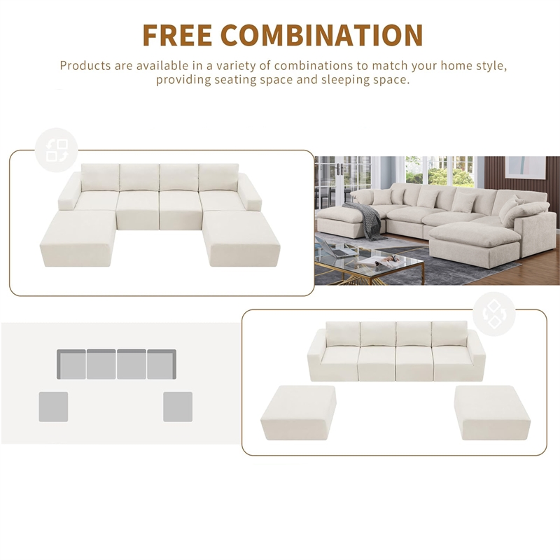Pemberly Row U-Shaped Chenille Cloud Sectional Sofa with Ottoman in Beige