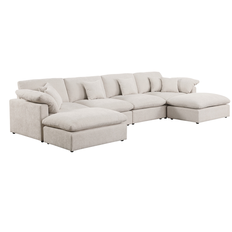 Pemberly Row U-Shaped Chenille Cloud Sectional Sofa with Ottoman in Beige