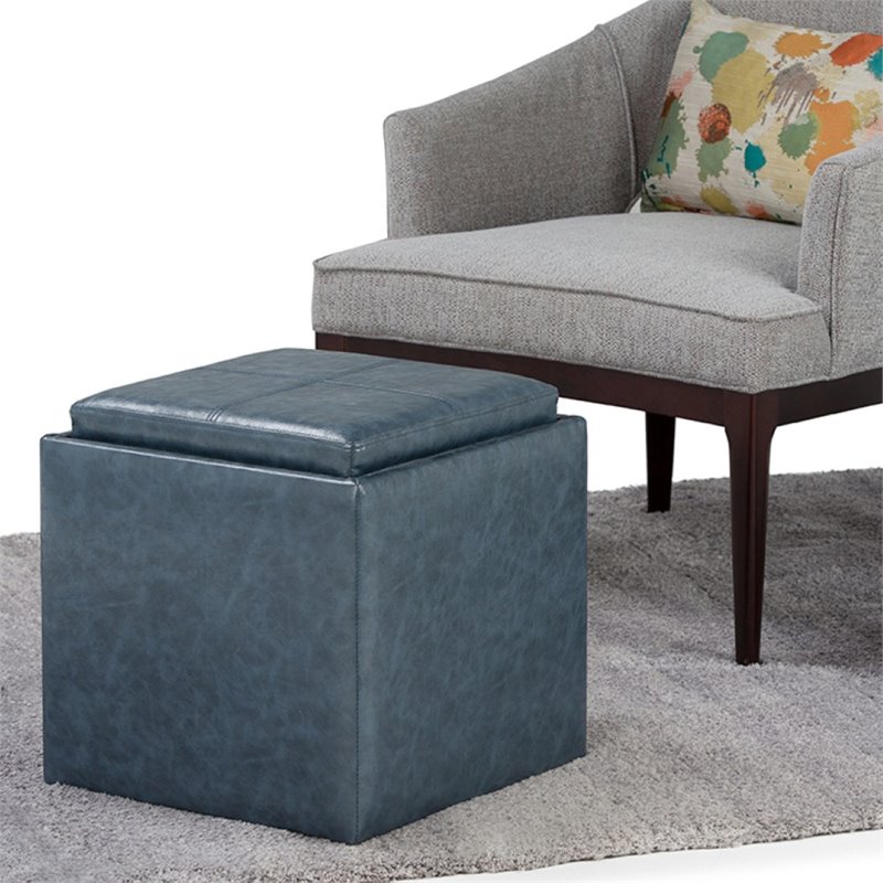 Pemberly Row Cube Storage Ottoman with Tray in Denim Blue Faux Leather