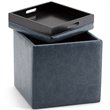 Pemberly Row Cube Storage Ottoman with Tray in Denim Blue Faux Leather