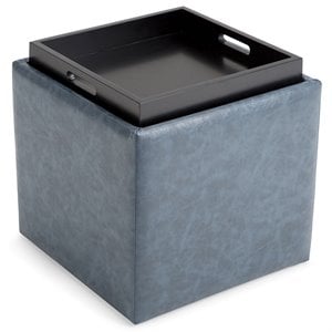 Pemberly Row Cube Storage Ottoman with Tray in Denim Blue Faux Leather