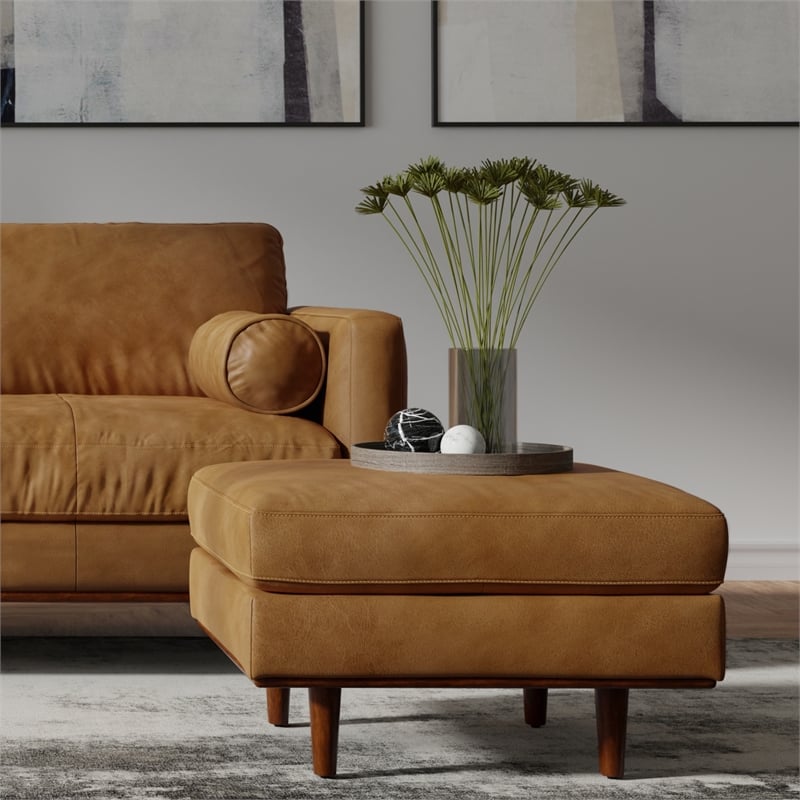 Pemberly Row 33 inch Wide Genuine Leather Accent Ottoman in Sienna
