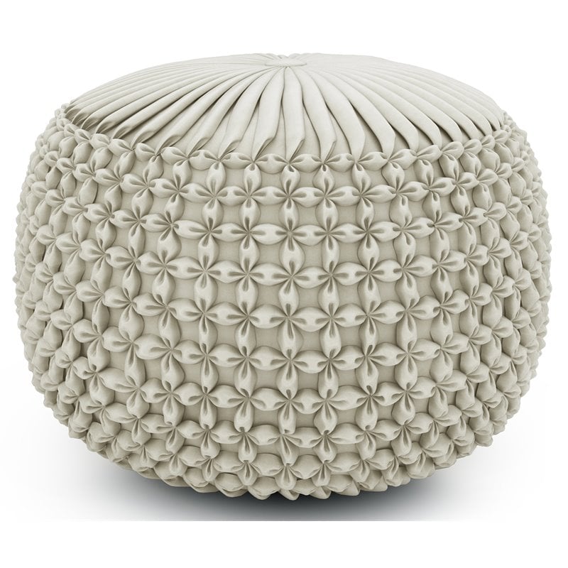 Pemberly Row Boho Tufted Round Pouf Ottoman in Cream Velvet Fabric