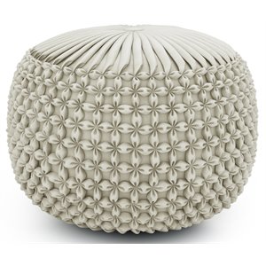 Pemberly Row Boho Tufted Round Pouf Ottoman in Cream Velvet Fabric