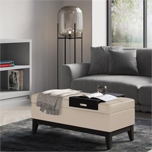 Pemberly Row 42&quot Storage Ottoman with Tray in Satin Cream Faux Leather