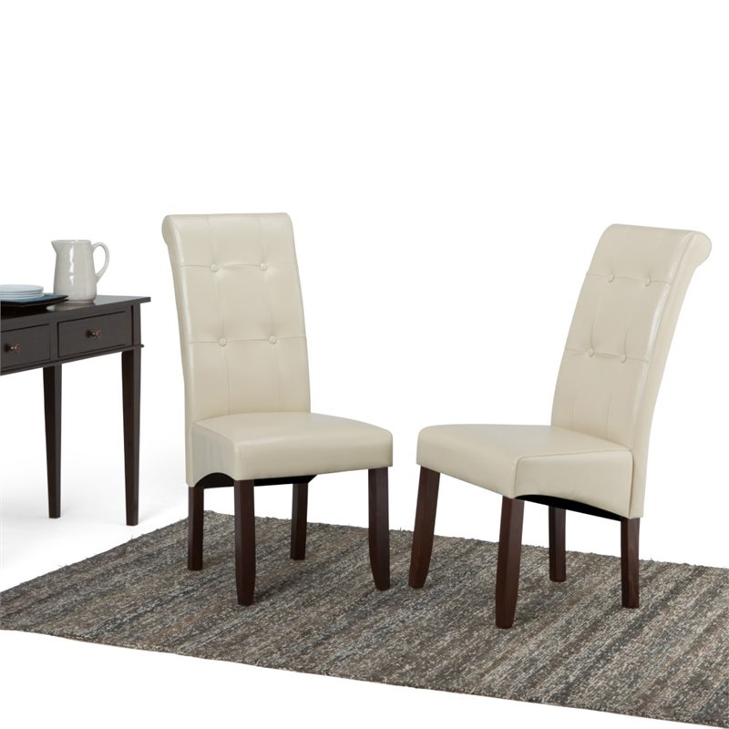 Pemberly Row Tufted Parson Chair Set of 2 in Satin Cream Faux Leather