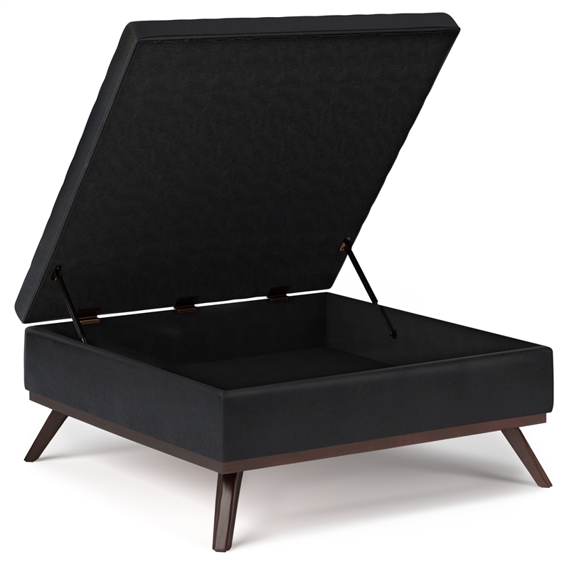 Pemberly Row Faux Air Leather Coffee Table Ottoman in Midnight Black