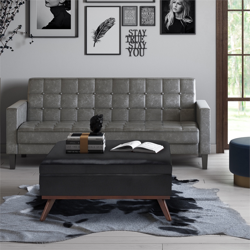 Pemberly Row Faux Air Leather Coffee Table Ottoman in Midnight Black