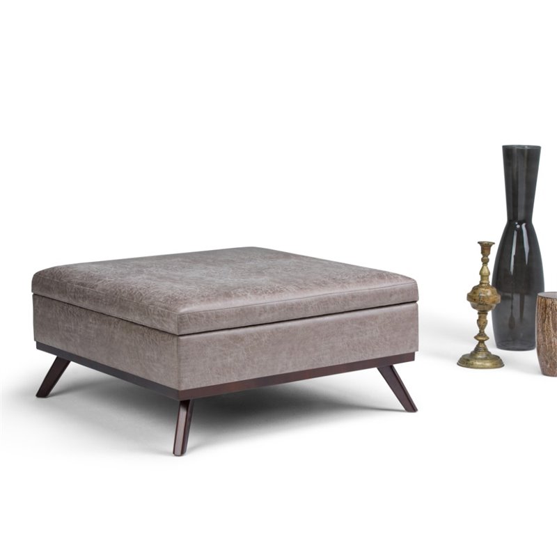 Pemberly Row Faux Air Leather Square Coffee Table Ottoman in Gray Taupe