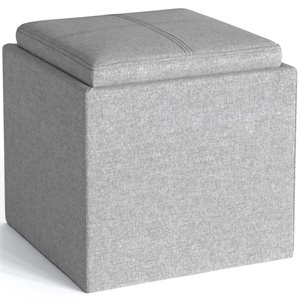 Pemberly Row Square Linen Fabric Storage Ottoman with Tray in Cloud Gray