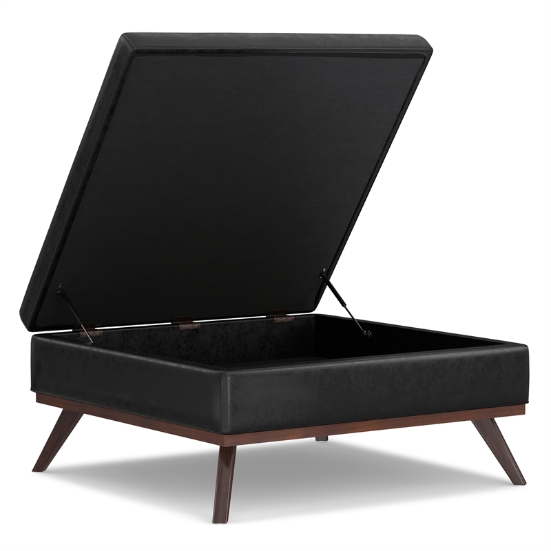 Pemberly Row Square Vegan Faux Leather Storage Ottoman in Black