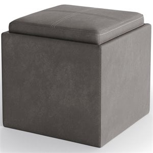 Pemberly Row Square Faux Leather Storage Ottoman with Tray in Slate Gray