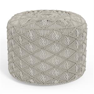 Pemberly Row Contemporary Round Macrame Pouf in Cloud Gray Cotton