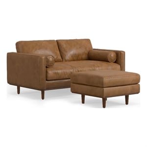 Pemberly Row 72&quot Wide Sofa and Ottoman Set in Caramel Brown Leather