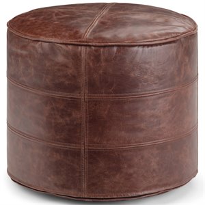 Pemberly Row Boho Round Pouf in Distressed Brown Genuine Leather