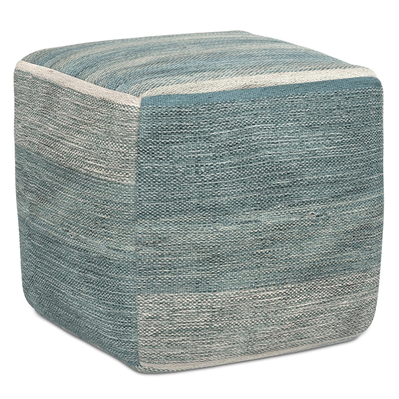 Pemberly Row Boho Square Cube Pouf Ottoman in Blue Melange Cotton
