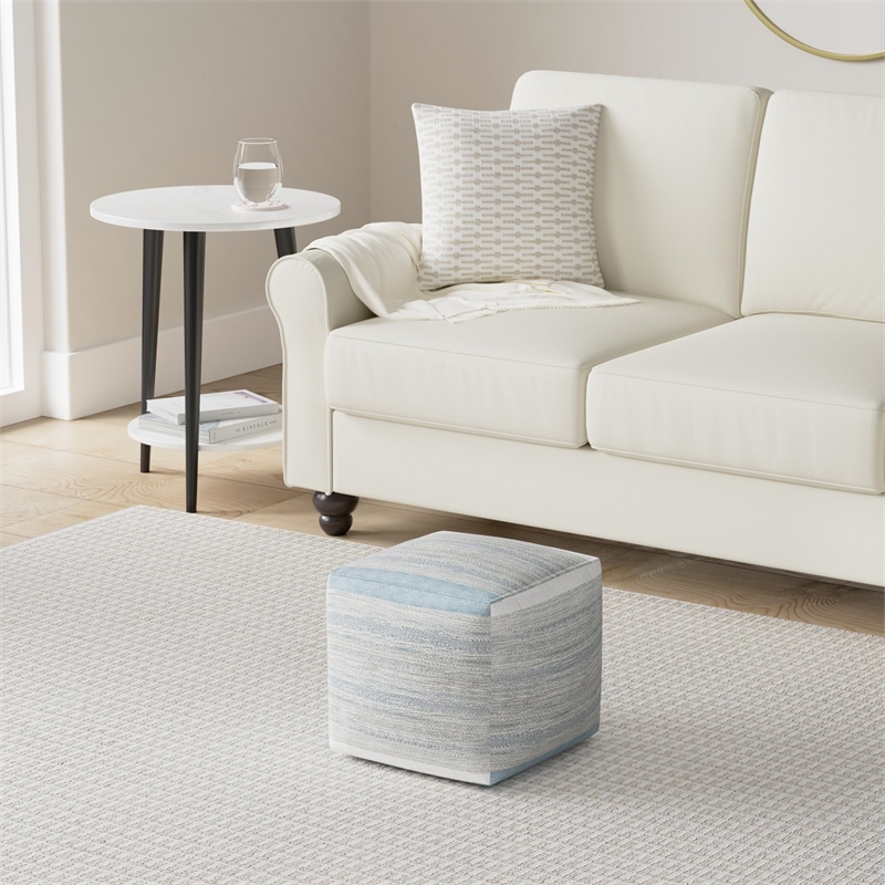 Pemberly Row Boho Square Cube Pouf Ottoman in Blue Melange Cotton