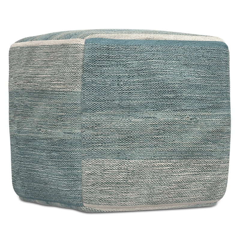 Pemberly Row Boho Square Cube Pouf Ottoman in Blue Melange Cotton