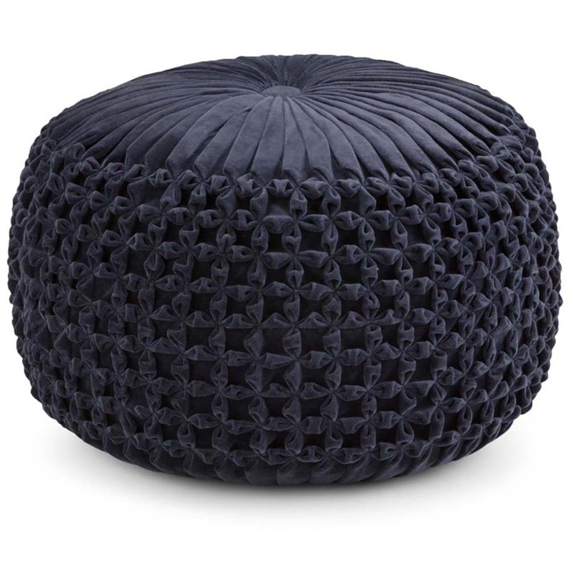 Pemberly Row Boho Round Pouf Ottoman Seat in Navy Velvet Fabric
