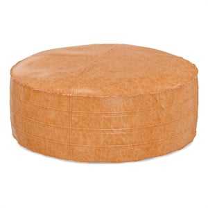 Pemberly Row 32&quot Round Faux Leather Pouf Ottoman in Distressed Brown