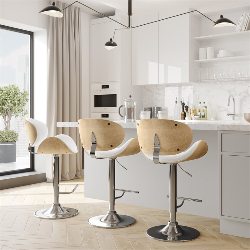 Pemberly Row Adjustable Swivel Bentwood Bar Stool in White Vegan Leather