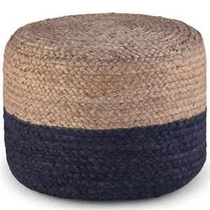 Pemberly Row Boho Round Braided Jute Pouf in Navy and Natural