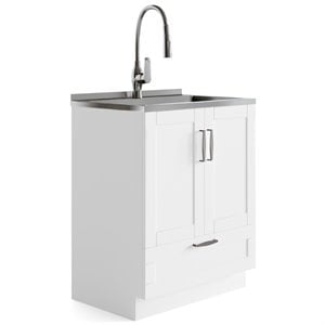 Pemberly Row Transitional 28&quot Laundry Sink Cabinet with Faucet in White