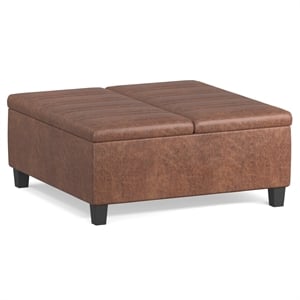 Pemberly Row 36&quot Coffee Table Storage Ottoman in Distressed Saddle Brown