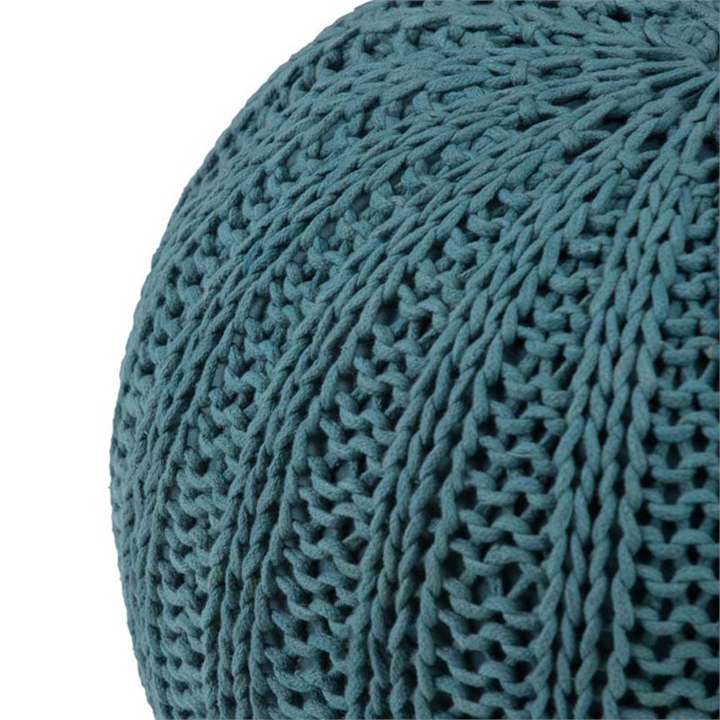 Pemberly Row Boho Round Hand Knit Pouf Ottoman in Teal Cotton