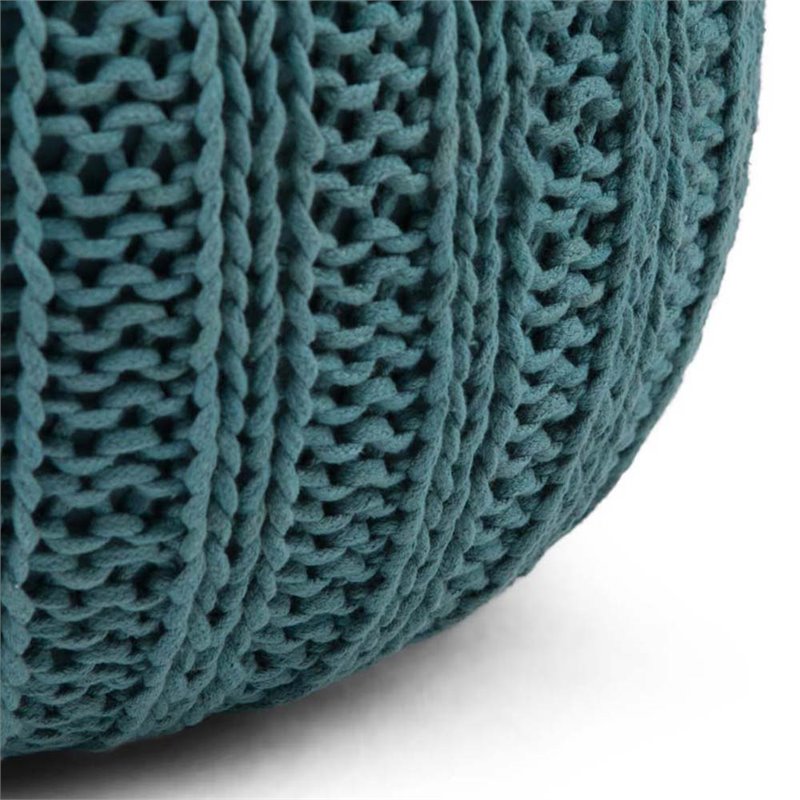 Pemberly Row Boho Round Hand Knit Pouf Ottoman in Teal Cotton