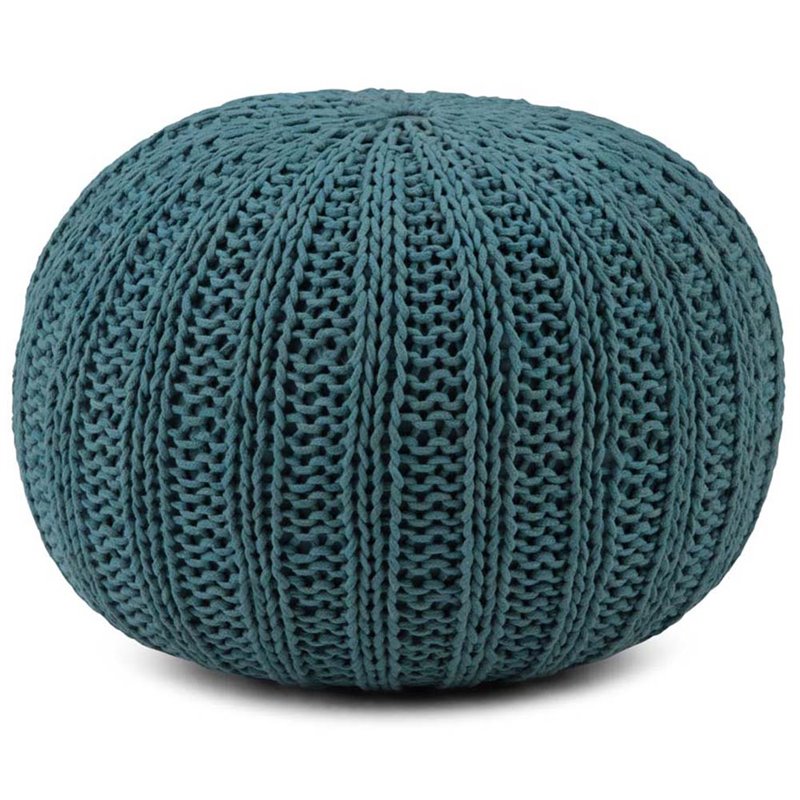 Pemberly Row Boho Round Hand Knit Pouf Ottoman in Teal Cotton