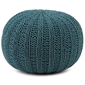 Pemberly Row Boho Round Hand Knit Pouf Ottoman in Teal Cotton