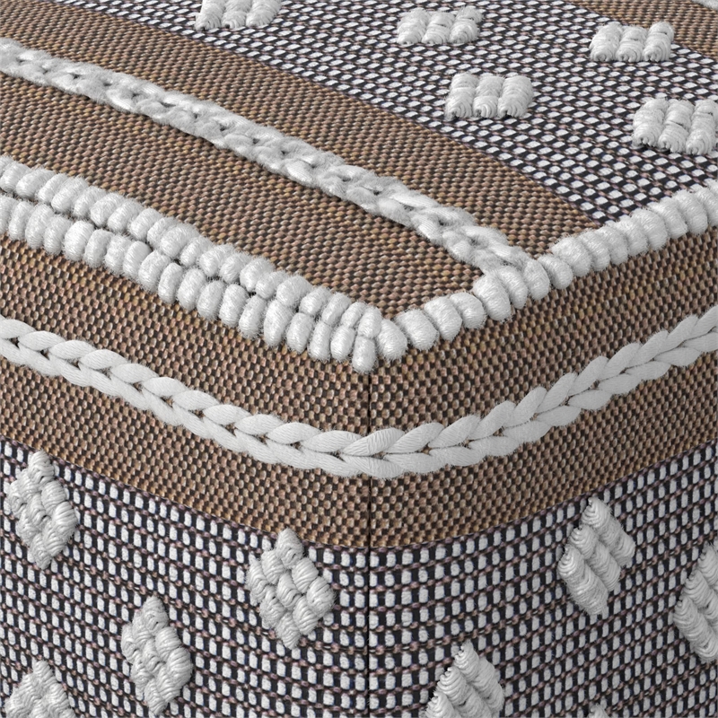 Pemberly Row Boho Square Indoor Outdoor Pouf in White and Gray