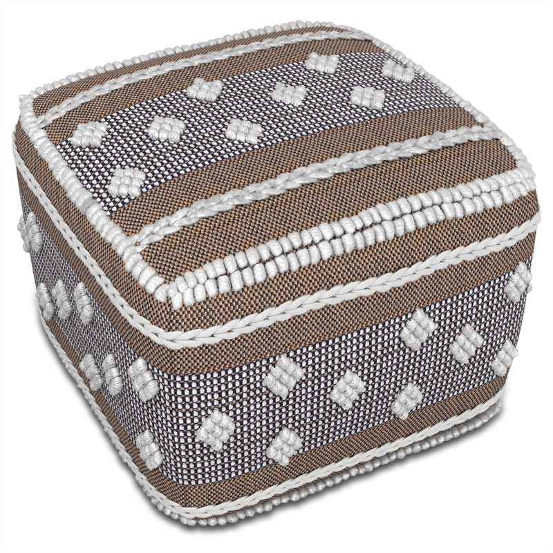 Pemberly Row Boho Square Indoor Outdoor Pouf in White and Gray