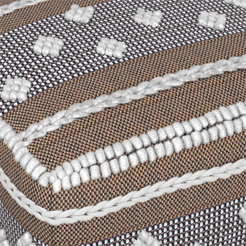 Pemberly Row Boho Square Indoor Outdoor Pouf in White and Gray