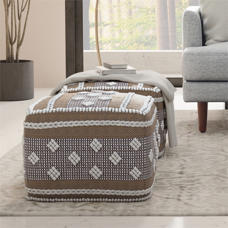 Pemberly Row Boho Square Indoor Outdoor Pouf in White and Gray