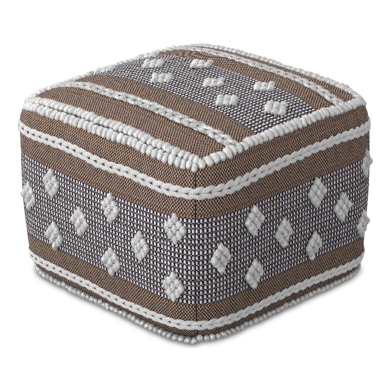 Pemberly Row Boho Square Indoor Outdoor Pouf in White and Gray