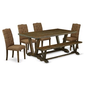 Pemberly Row 6-Piece Dining Set with Cushion Chairs in Brown