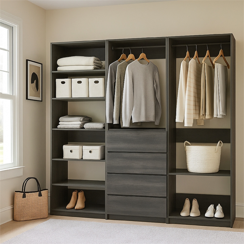 Pemberly Row Modular Walk In Closet 4 Drawer 9 Shelf 2 Rods in Black